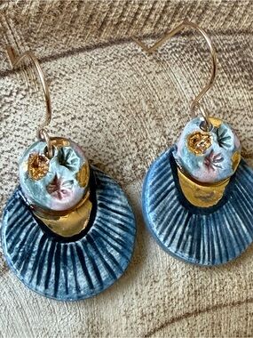 Handmade Blue and Gold Ceramic Drop Earrings
